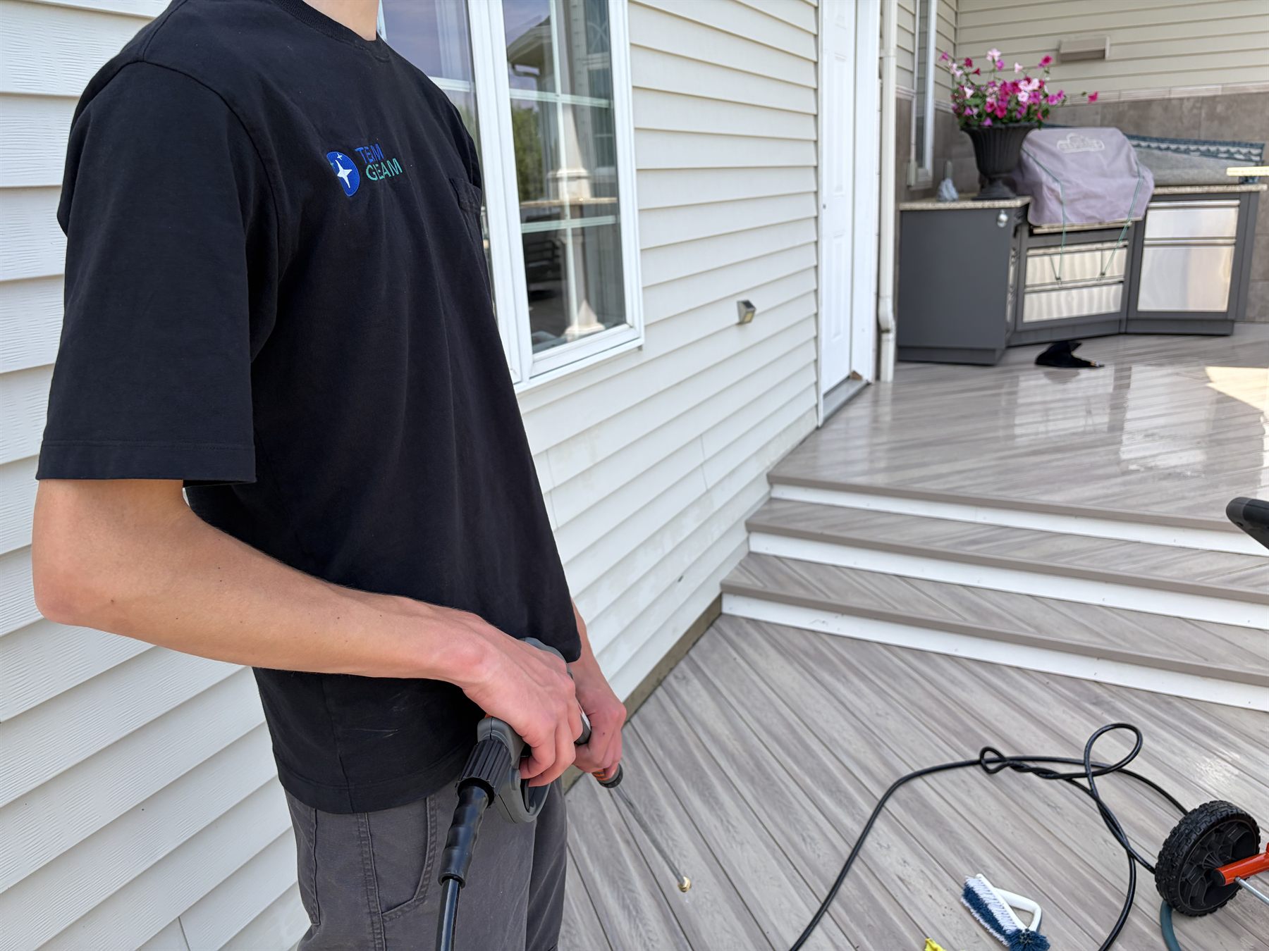 Pressure washing a deck
